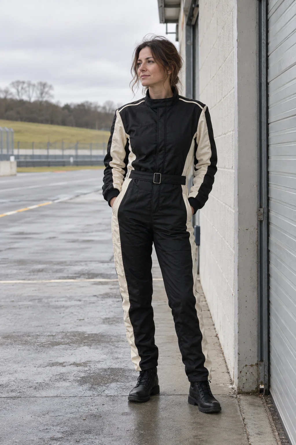Full-length Apex suit in ink at a circuit garage