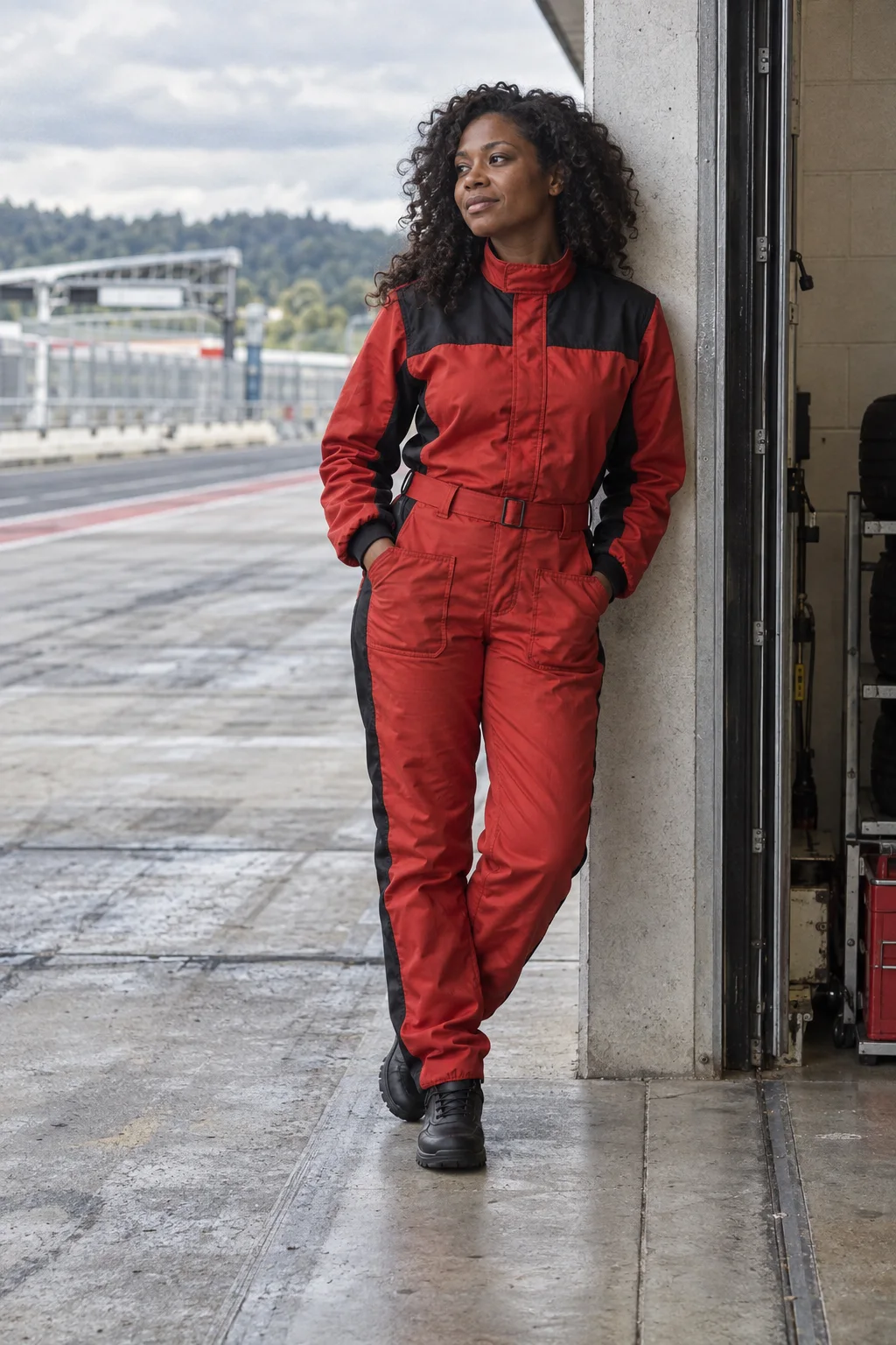 Full-length Pitline suit in signal red beside a circuit garage